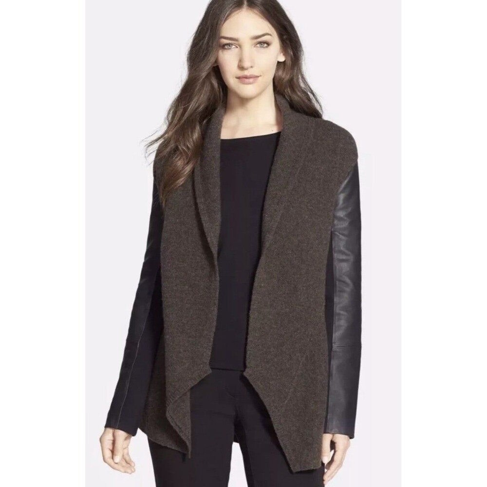 Eileen Fisher Genuine Leather Sleeves Shawl Waterfall Collar Wool Cardigan L/XL